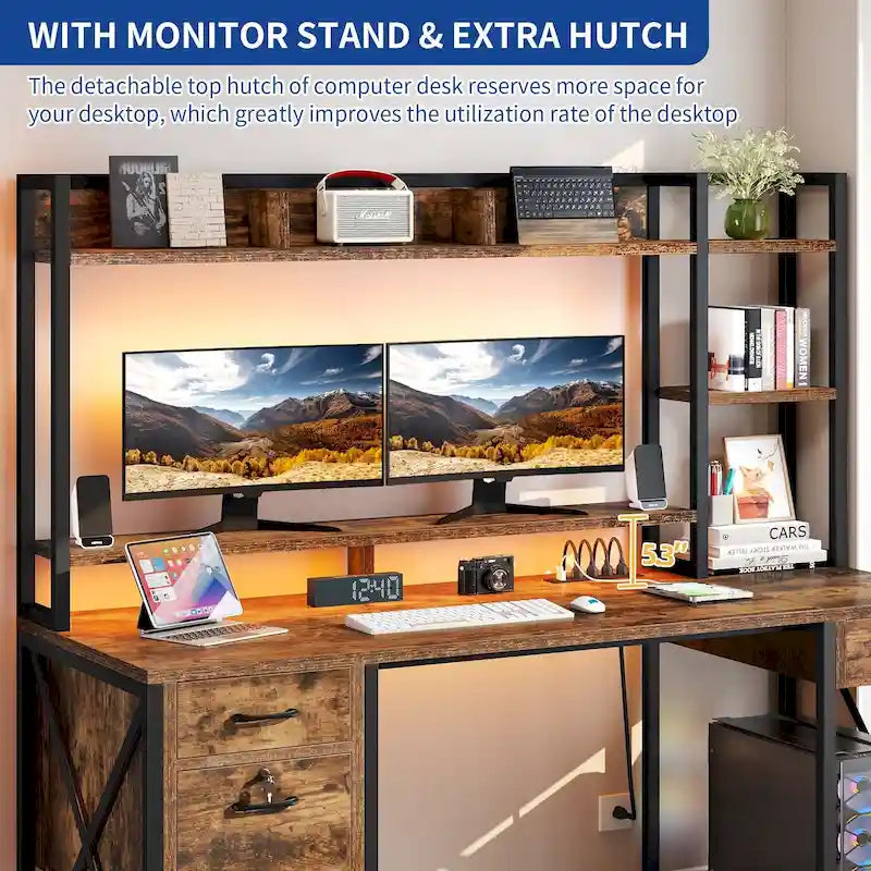 Scrivania da gioco per computer Moasis da 59 pollici con credenza e libreria, scrivanie per ufficio domestico con 3 cassetti