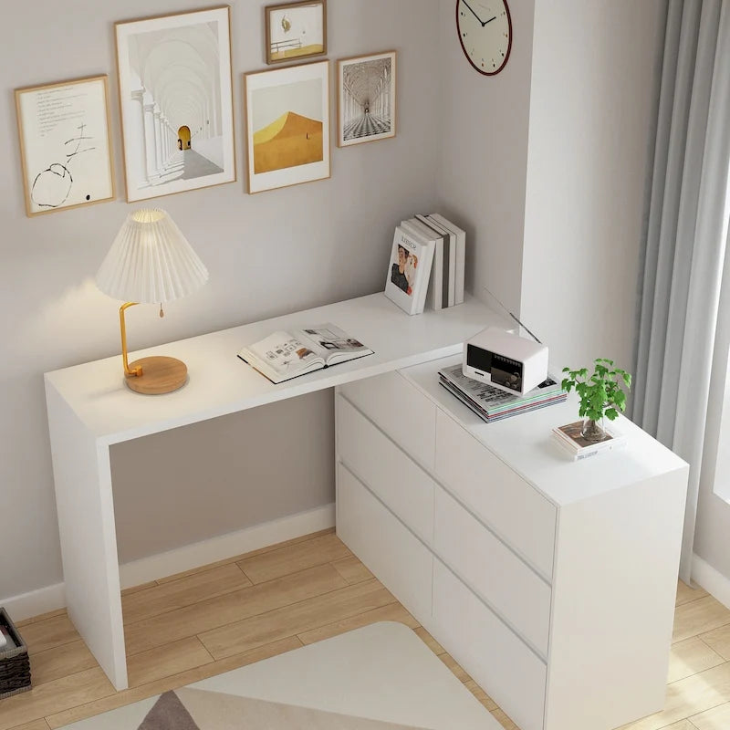 Comò girevole da 32,7 H con scrivania e 6 cassetti, mobiletto per il trucco, bianco/nero