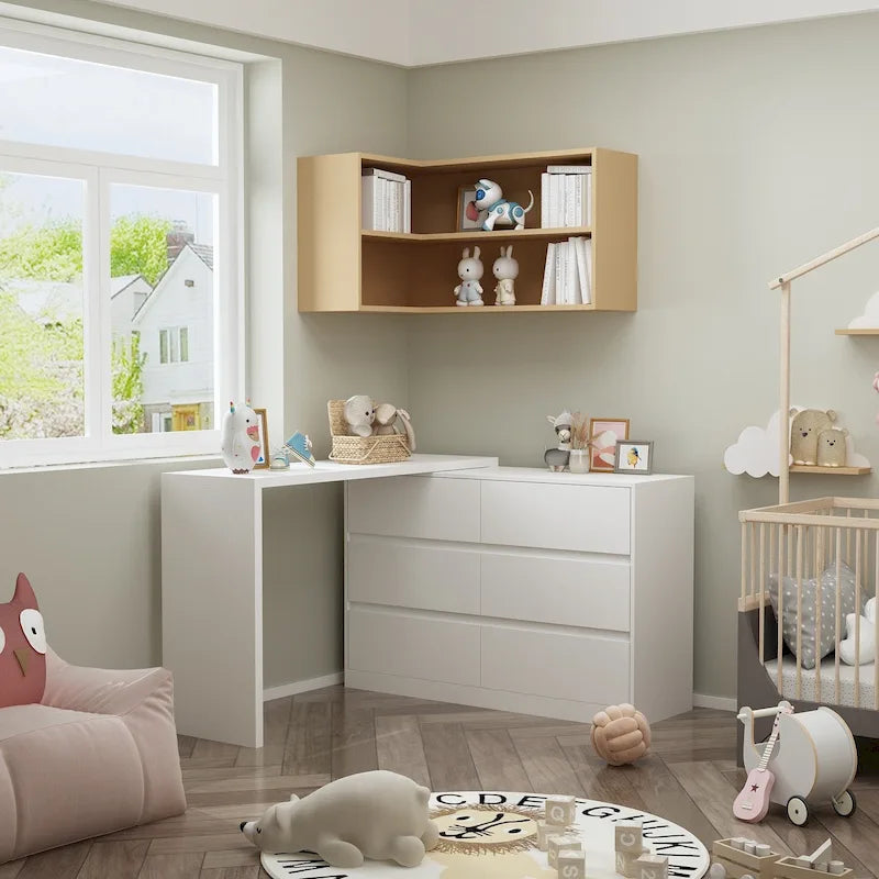 Comò girevole da 32,7 H con scrivania e 6 cassetti, mobiletto per il trucco, bianco/nero