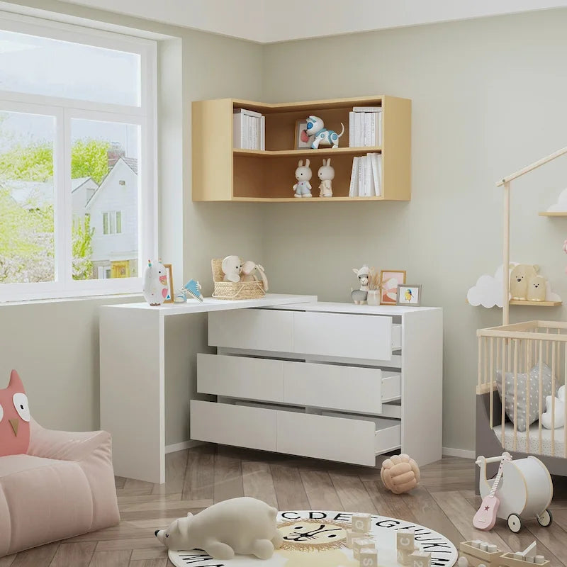 Comò girevole da 32,7 H con scrivania e 6 cassetti, mobiletto per il trucco, bianco/nero