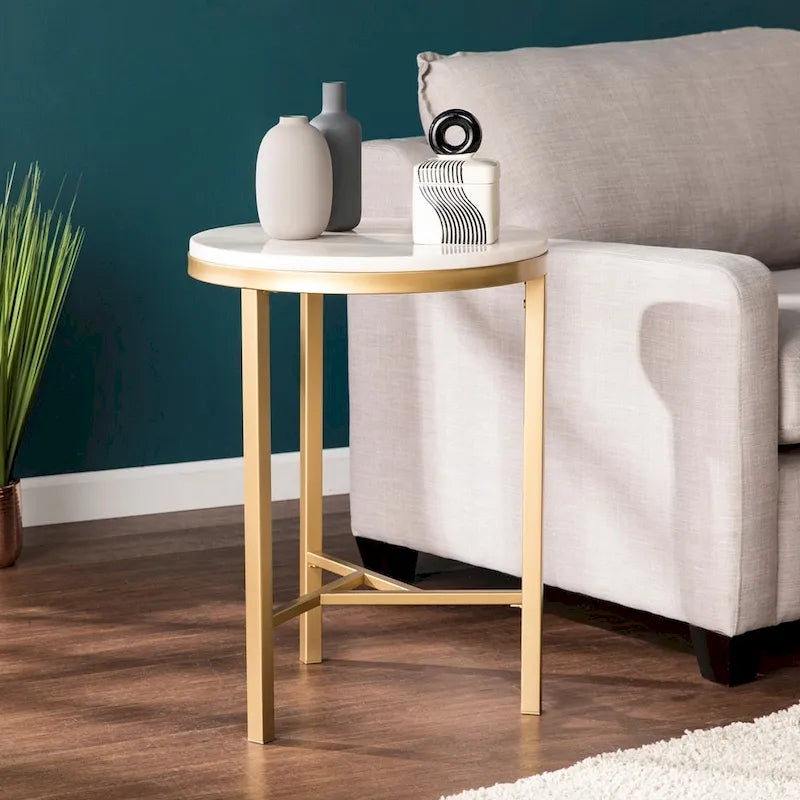 SEI Furniture Garzeaux Mid Century Modern Ivory Marble Gold Side Table