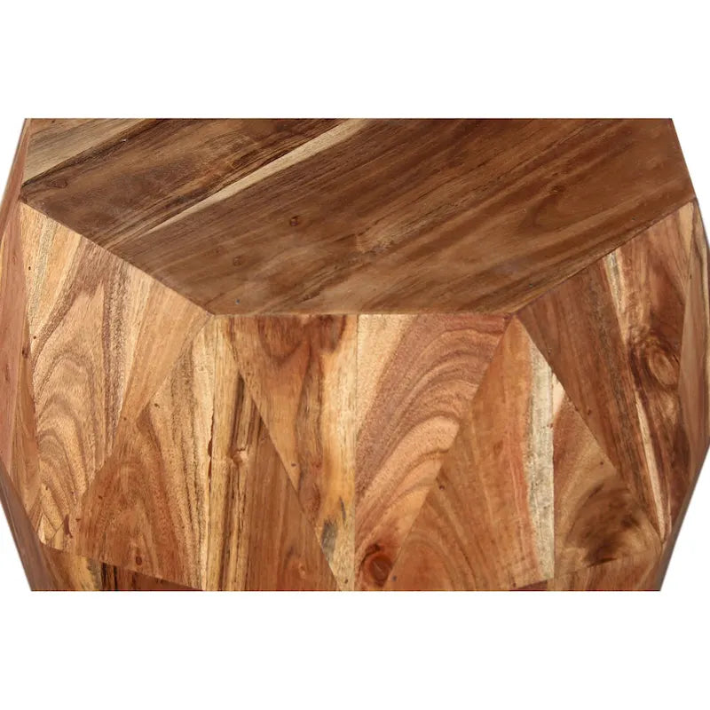 Tavolino laterale artigianale Bon da 22 pollici, in legno massello di acacia sfaccettato, piano ottagonale, marrone naturale