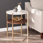 SEI Furniture Aldea Modern Round Side Table with Faux Marble Top and Faux Wood Shelf