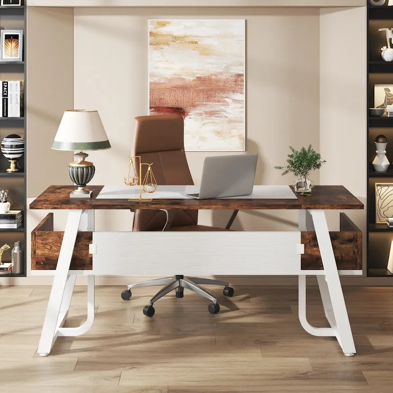 Scrivania direzionale per ufficio con ripiano portaoggetti, postazione di lavoro aziendale, scrivania per la stanza del capo