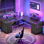 Scrivania a L con ripiano portaoggetti a 5 cassetti e presa di corrente