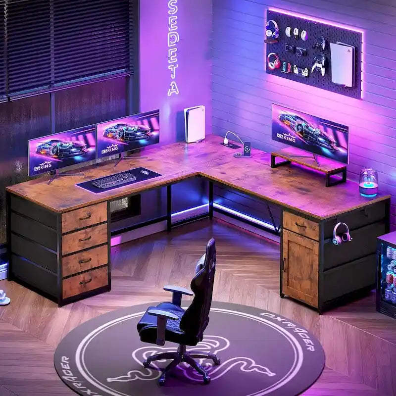 L Shaped Desk with 5 Drawer Storage Shelf and Power Outlet