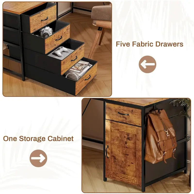 Scrivania a L con ripiano portaoggetti a 5 cassetti e presa di corrente