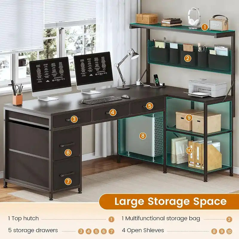 Scrivania a L con ripiano portaoggetti a 5 cassetti e presa di corrente