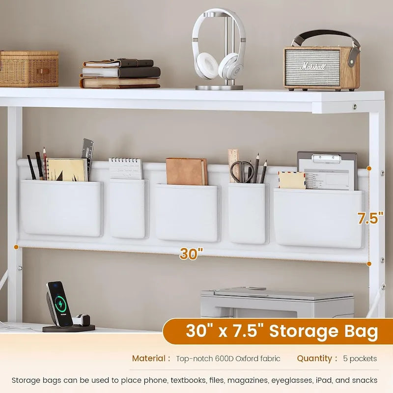 Scrivania a L con ripiano portaoggetti a 5 cassetti e presa di corrente