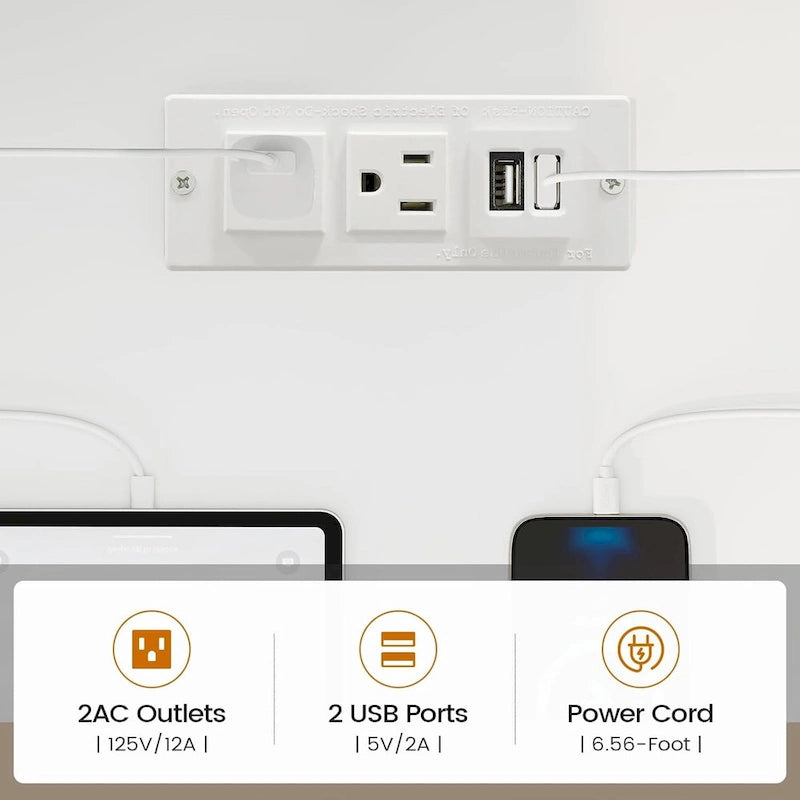 Scrivania a L con ripiano portaoggetti a 5 cassetti e presa di corrente