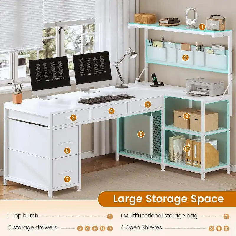 Scrivania a L con ripiano portaoggetti a 5 cassetti e presa di corrente