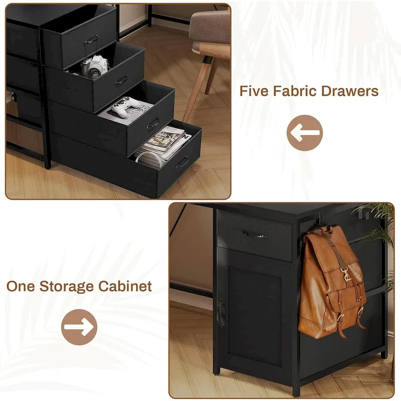 Scrivania a L con ripiano portaoggetti a 5 cassetti e presa di corrente