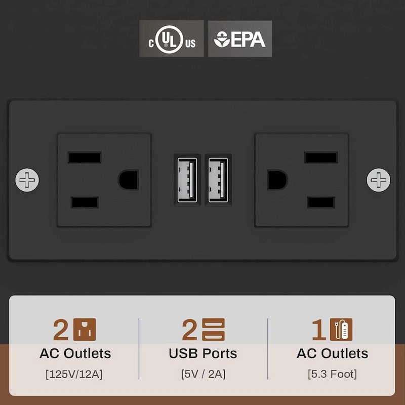 Scrivania a L con ripiano portaoggetti a 5 cassetti e presa di corrente