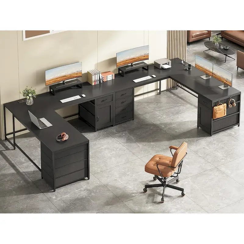 Scrivania a L con ripiano portaoggetti a 5 cassetti e presa di corrente