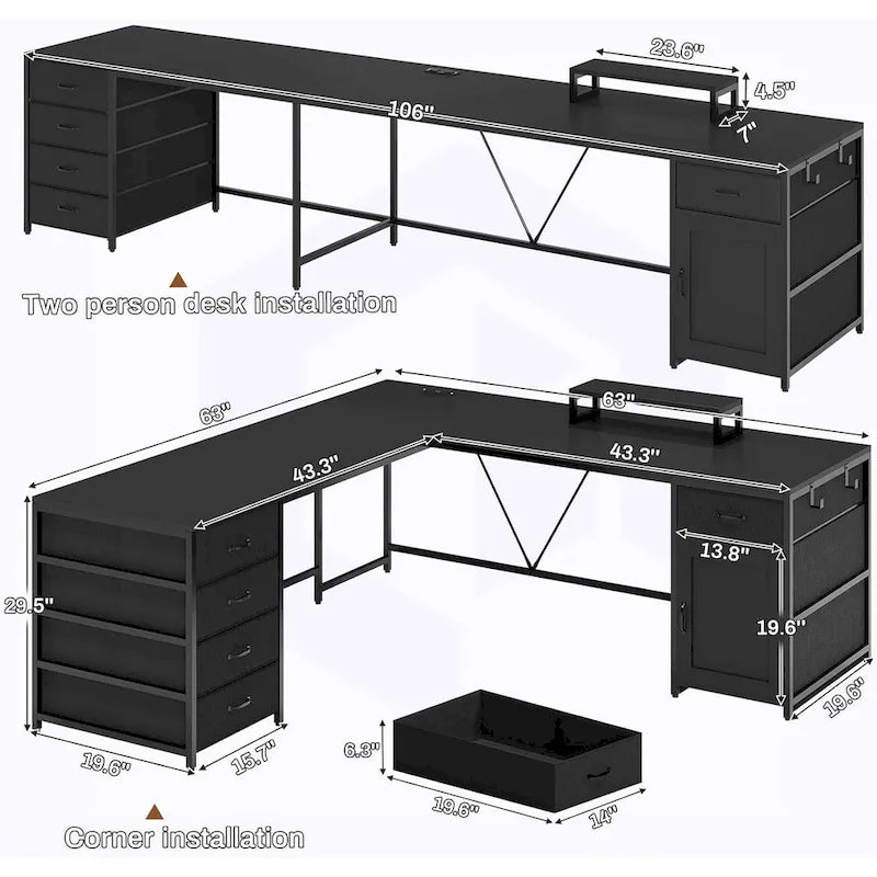 Scrivania a L con ripiano portaoggetti a 5 cassetti e presa di corrente