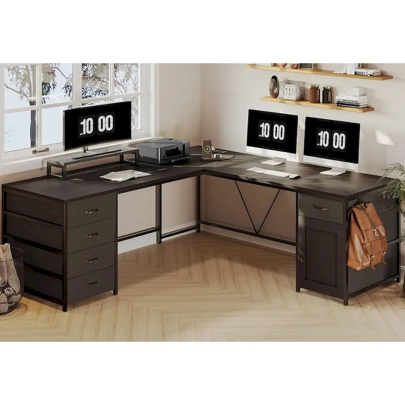 Scrivania a L con ripiano portaoggetti a 5 cassetti e presa di corrente