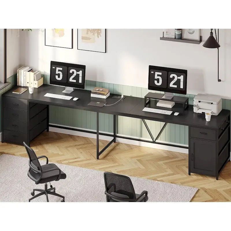 Scrivania a L con ripiano portaoggetti a 5 cassetti e presa di corrente