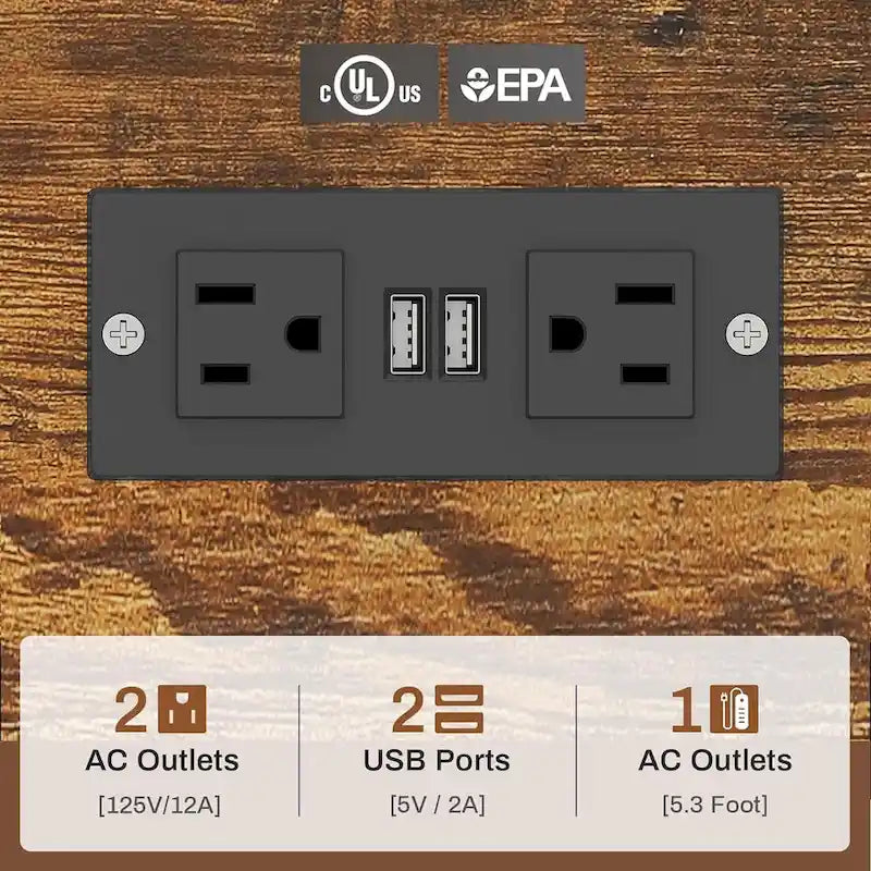 Scrivania a L con ripiano portaoggetti a 5 cassetti e presa di corrente