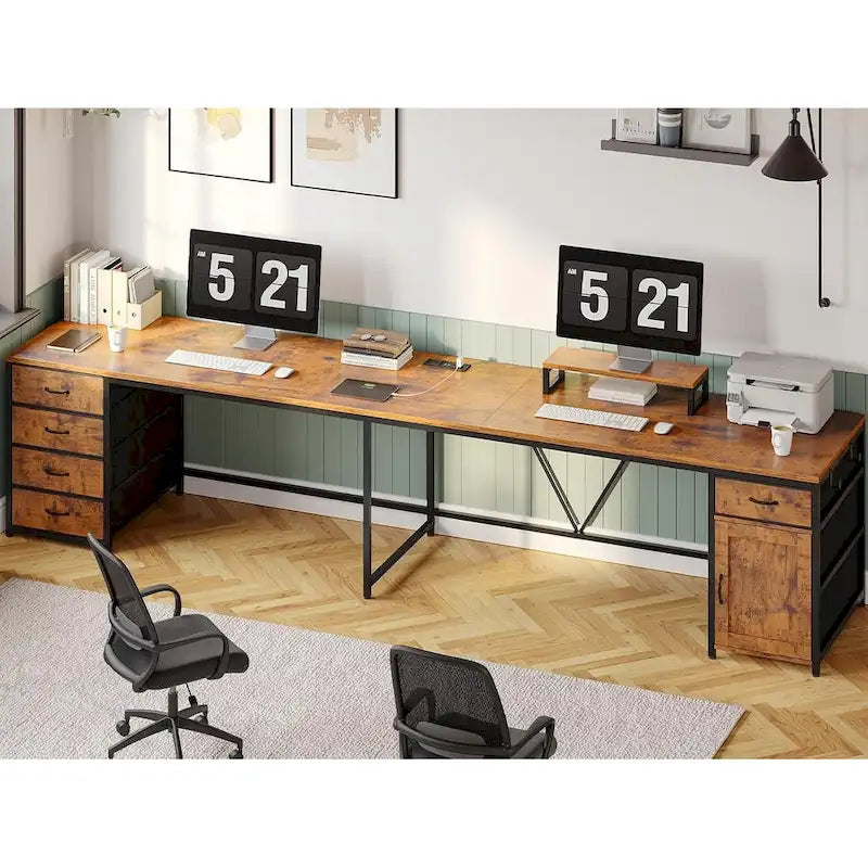 Scrivania a L con ripiano portaoggetti a 5 cassetti e presa di corrente