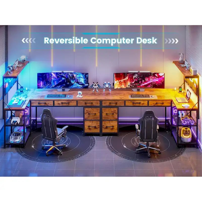 Scrivania a L con ripiano portaoggetti a 5 cassetti e presa di corrente