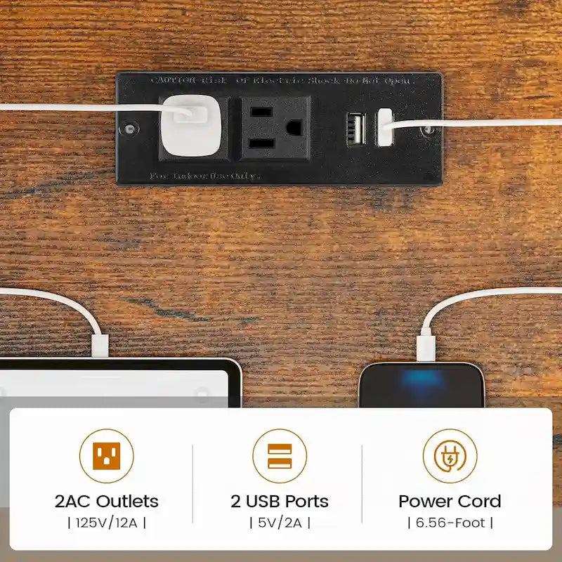 Scrivania a L con ripiano portaoggetti a 5 cassetti e presa di corrente