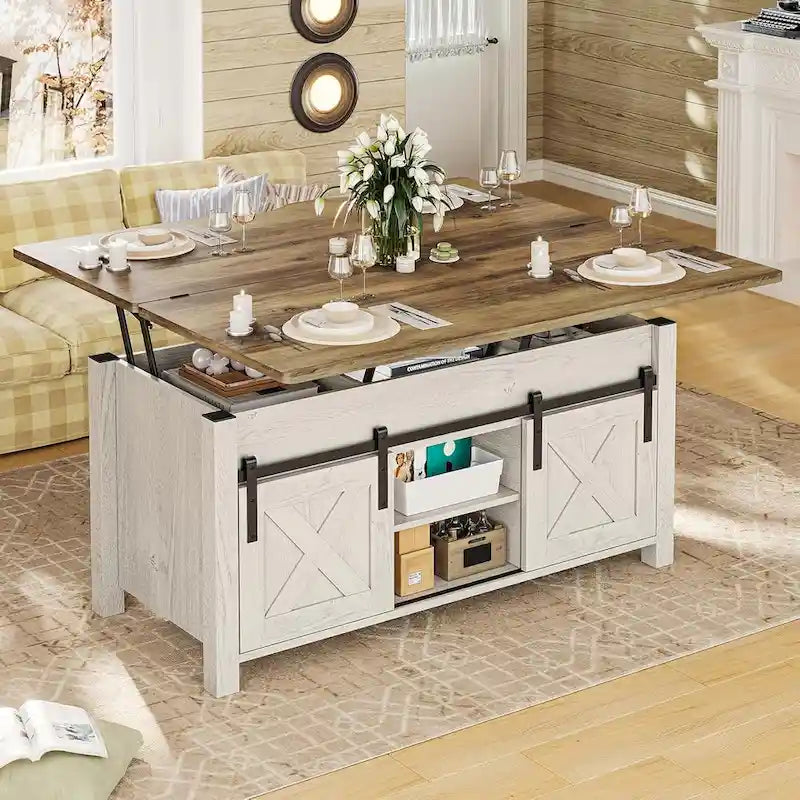 Tavolino da caffè con piano sollevabile, 2 ante scorrevoli, tavolo da pranzo con contenitore