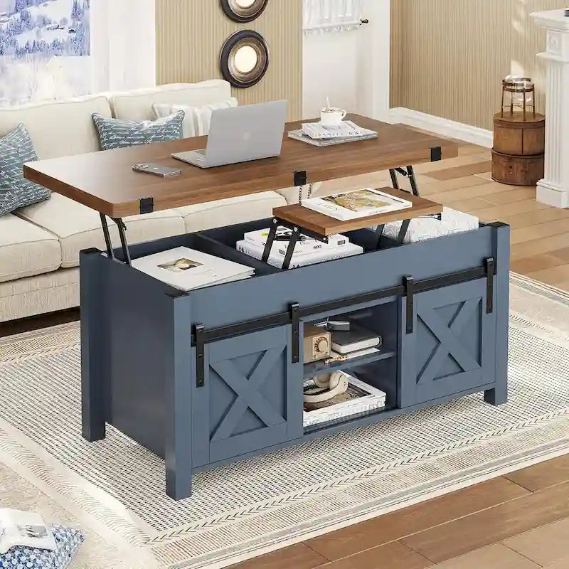 Tavolino da caffè con piano sollevabile, 2 ante scorrevoli, tavolo da pranzo con contenitore