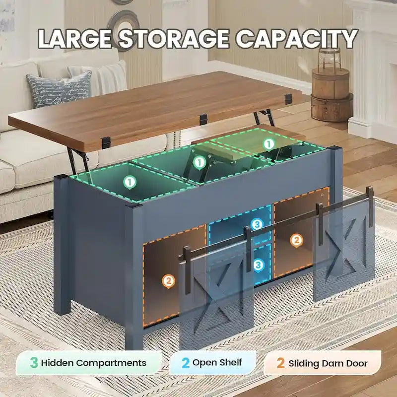 Tavolino da caffè con piano sollevabile, 2 ante scorrevoli, tavolo da pranzo con contenitore