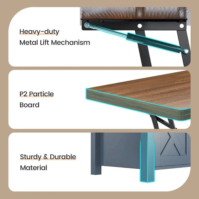 Tavolino da caffè con piano sollevabile, 2 ante scorrevoli, tavolo da pranzo con contenitore