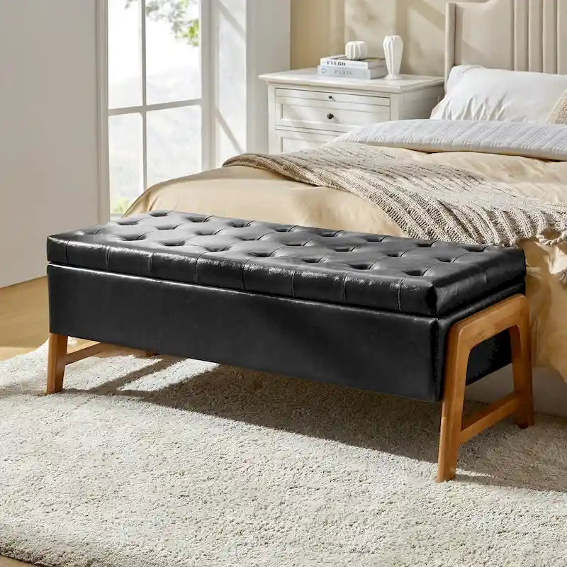 Panca contenitore imbottita Rita Mid-Century Modern con seduta trapuntata e gamba in legno massello di HULALA HOME