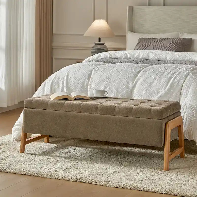 Rita Mid-century Modern Upholstered Storage Bench with Tufted Seat and Solid Wood Leg by HULALA HOME