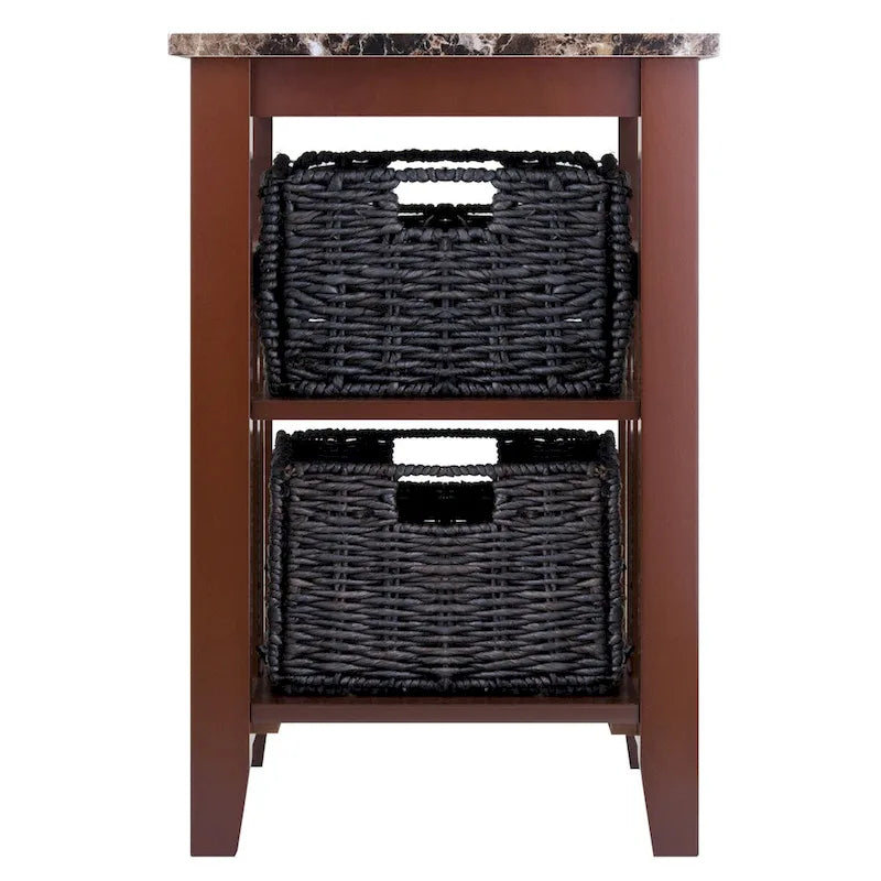 Tavolino Zoey con 2 cestini pieghevoli in foglie di mais, piano in finto marmo, cioccolato e noce - 16,54 x 20,08 x 25,04 pollici