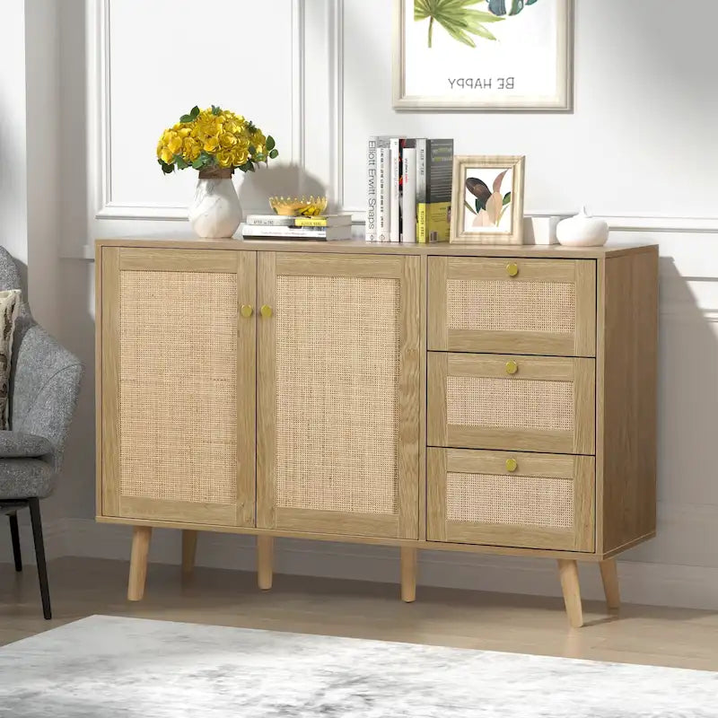 Credenza da cucina Anmytek Mid-Century Modern a 2 ante in legno di rattan con 3 cassetti