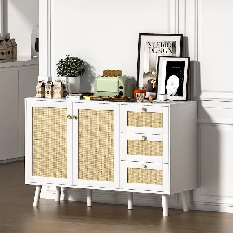 Credenza da cucina Anmytek Mid-Century Modern a 2 ante in legno di rattan con 3 cassetti