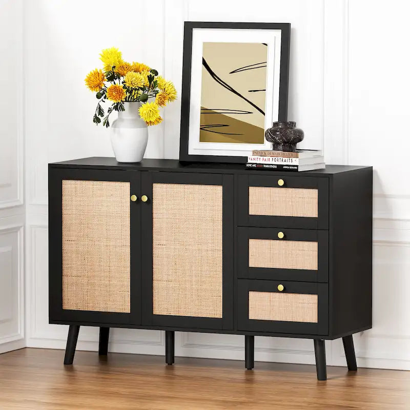 Credenza da cucina Anmytek Mid-Century Modern a 2 ante in legno di rattan con 3 cassetti