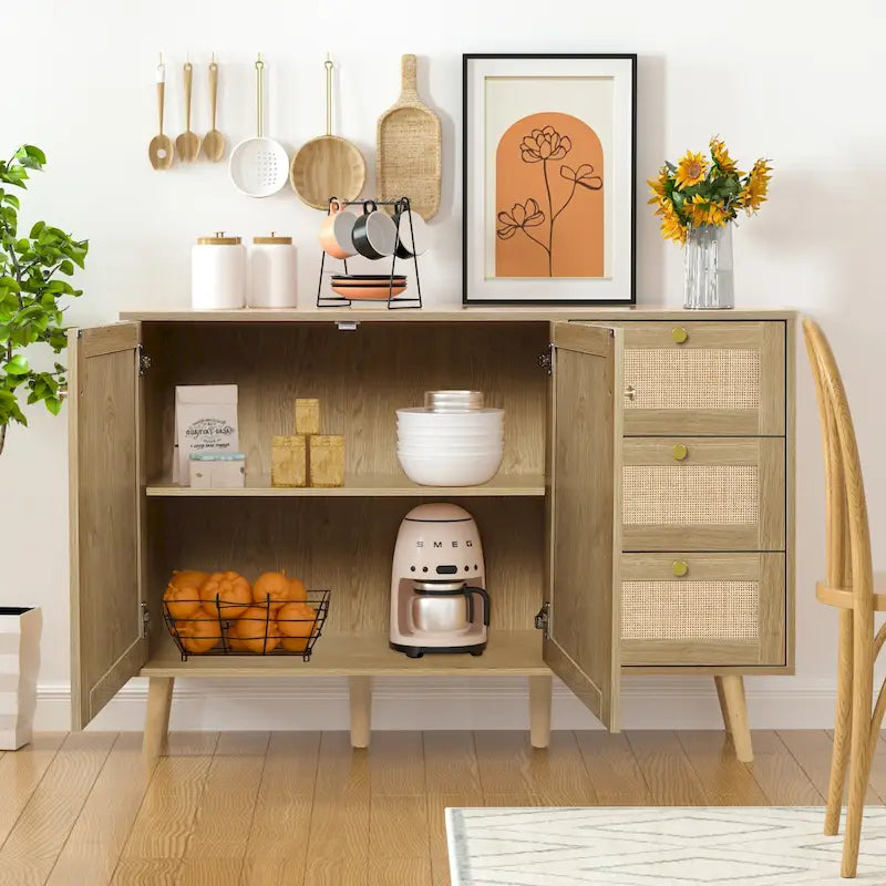 Credenza da cucina Anmytek Mid-Century Modern a 2 ante in legno di rattan con 3 cassetti