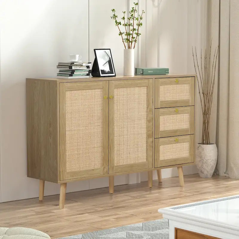 Credenza da cucina Anmytek Mid-Century Modern a 2 ante in legno di rattan con 3 cassetti