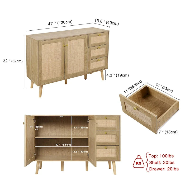 Credenza da cucina Anmytek Mid-Century Modern a 2 ante in legno di rattan con 3 cassetti
