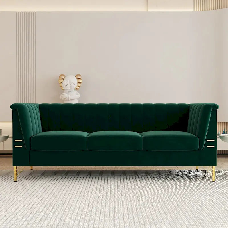 Modern Designs Velvet Upholstered Living Room Sofa, 3 Seat Sofa Couch With Golden Metal Legs with green Sofa - 83.46*31.9*30.5