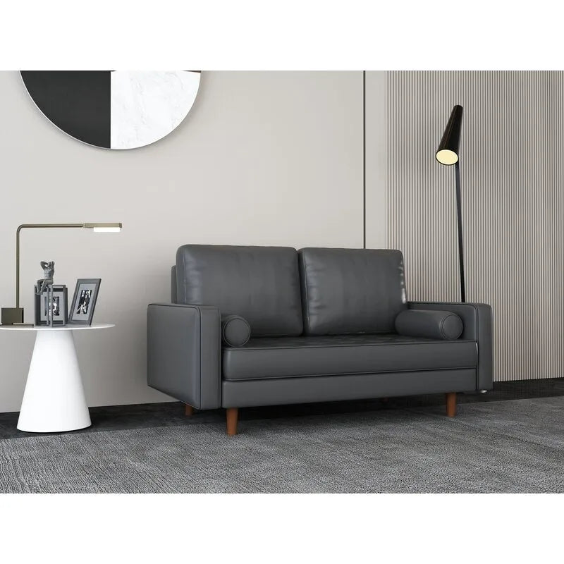 59 Divano a due posti in pelle con braccioli quadrati di metà secolo