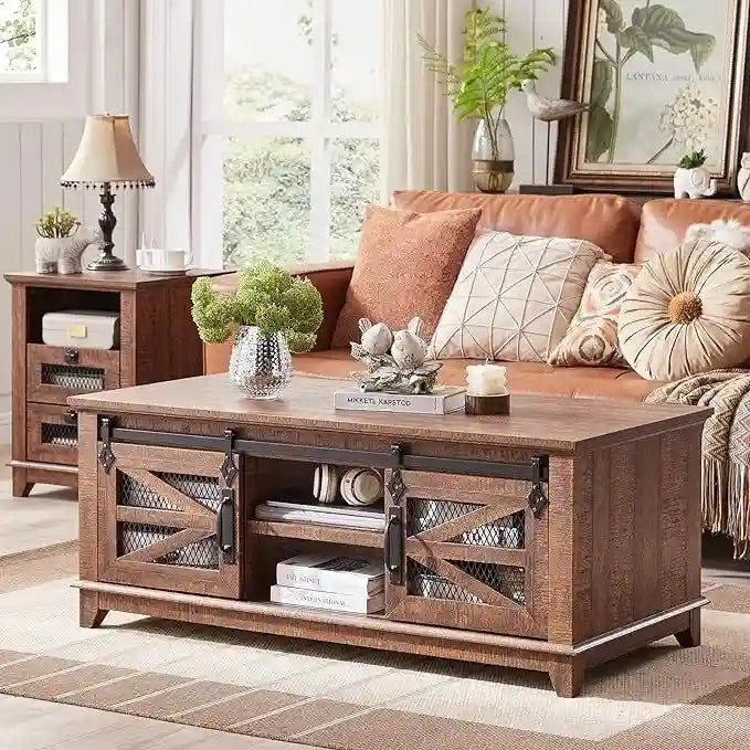 Tavolino da caffè in stile rustico con spazio di archiviazione e ante scorrevoli, tavolo da cocktail