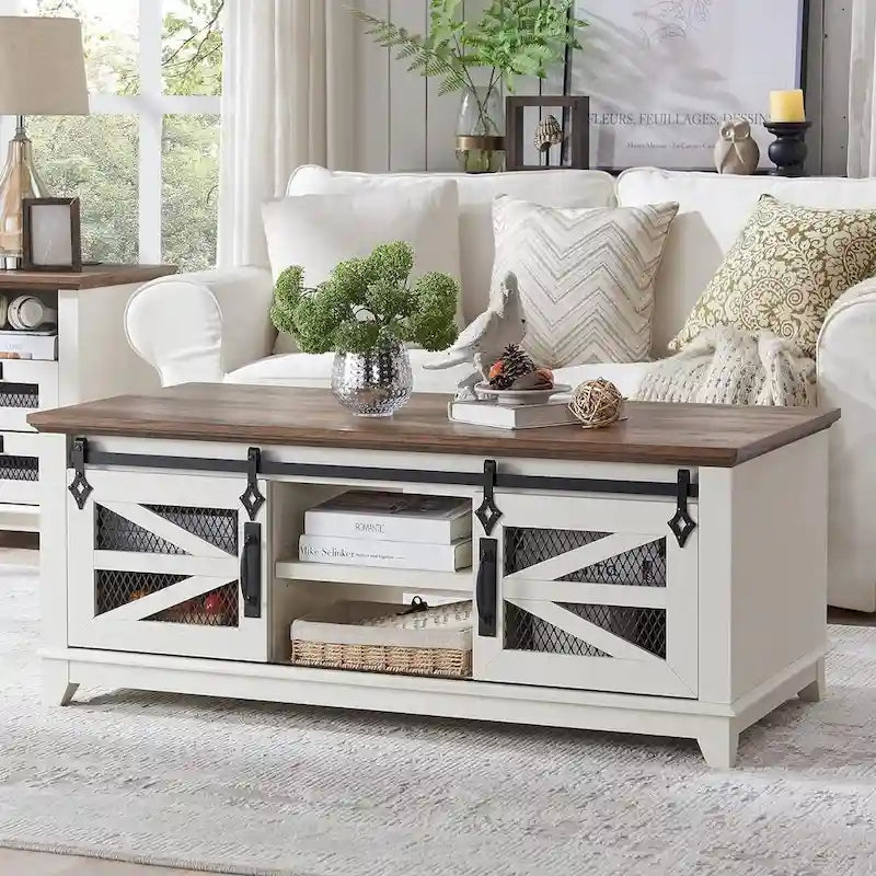 Farmhouse Coffee Table with Storage & Sliding Doors, Cocktail Table