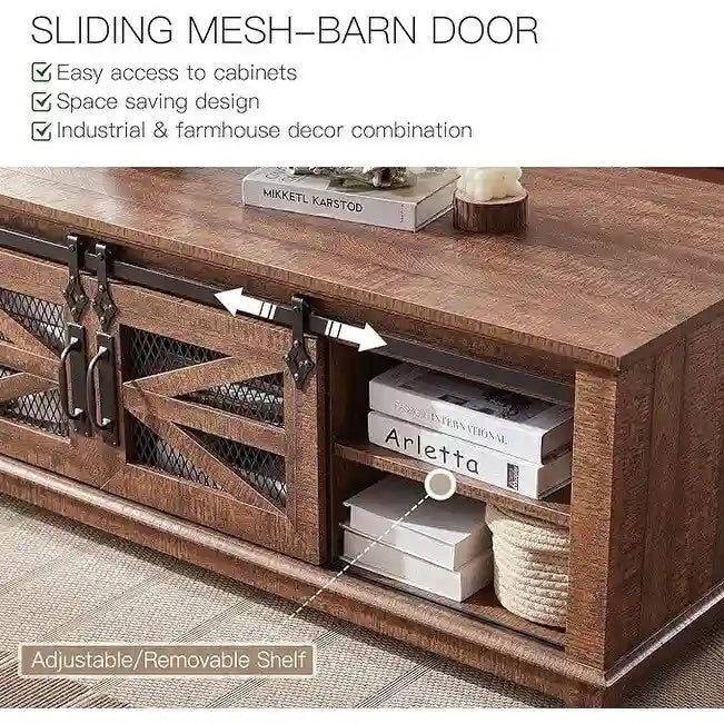 Tavolino da caffè in stile rustico con spazio di archiviazione e ante scorrevoli, tavolo da cocktail