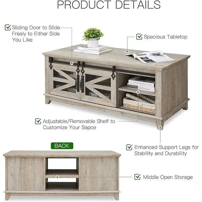 Tavolino da caffè in stile rustico con spazio di archiviazione e ante scorrevoli, tavolo da cocktail