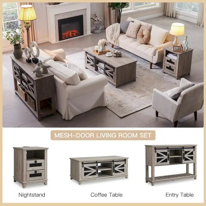 Tavolino da caffè in stile rustico con spazio di archiviazione e ante scorrevoli, tavolo da cocktail