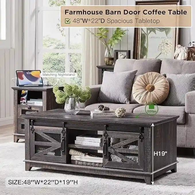 Tavolino da caffè in stile rustico con spazio di archiviazione e ante scorrevoli, tavolo da cocktail