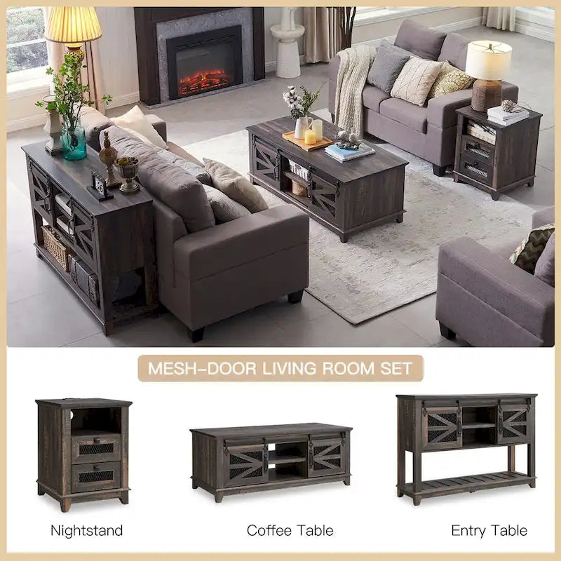 Tavolino da caffè in stile rustico con spazio di archiviazione e ante scorrevoli, tavolo da cocktail