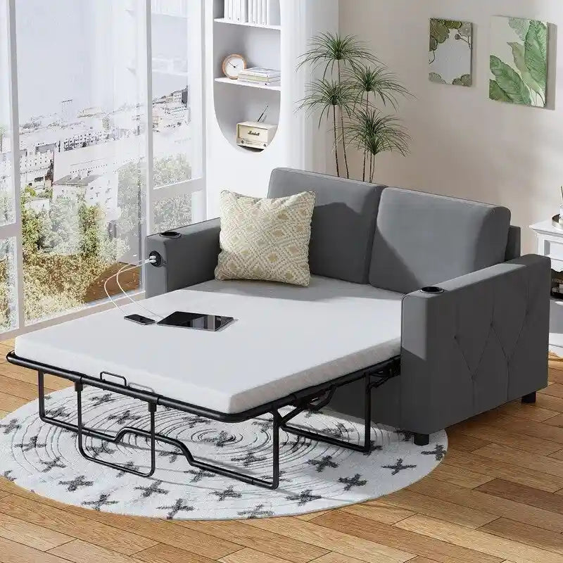 Divano letto estraibile Mixoy, divano letto con materasso in memory foam, portabicchieri, USB, divano letto estraibile