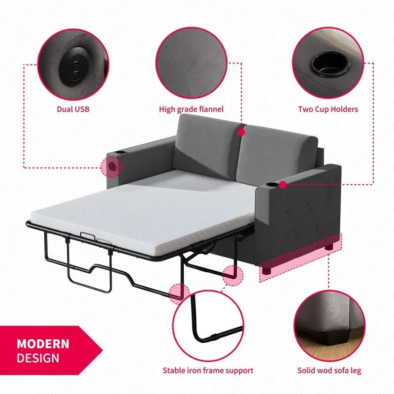 Divano letto estraibile Mixoy, divano letto con materasso in memory foam, portabicchieri, USB, divano letto estraibile