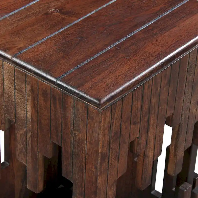 Tavolino laterale decorativo da 24 pollici, legno di acacia marrone, piano quadrato a doghe, silhouette astratta realizzata a mano, ferro nero